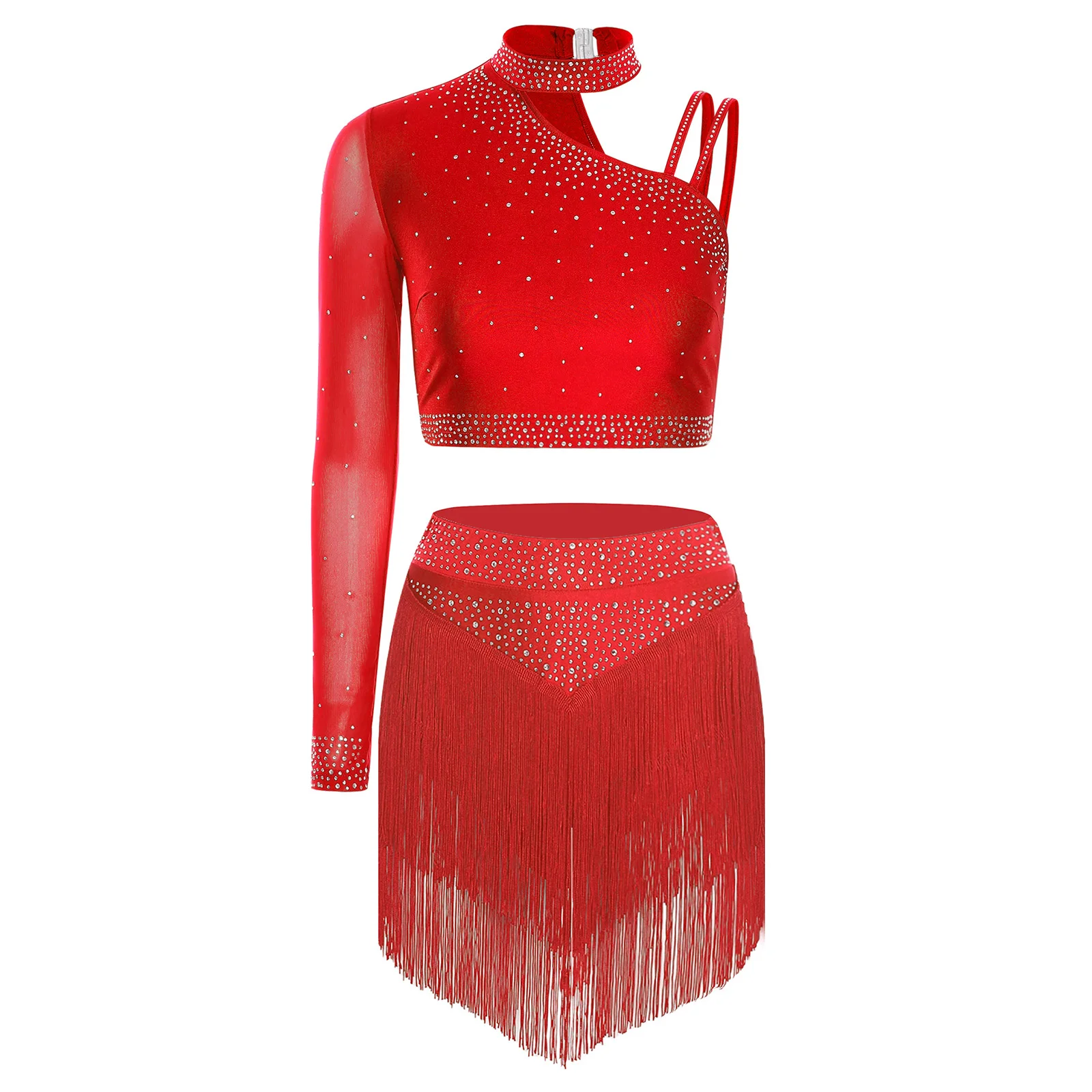 Women Rhinestones Jazz Latin Dance Performance Costume Outfits Asymmetrical Shoulder Gymnastics Crop Top And Tasse Leotard Skirt