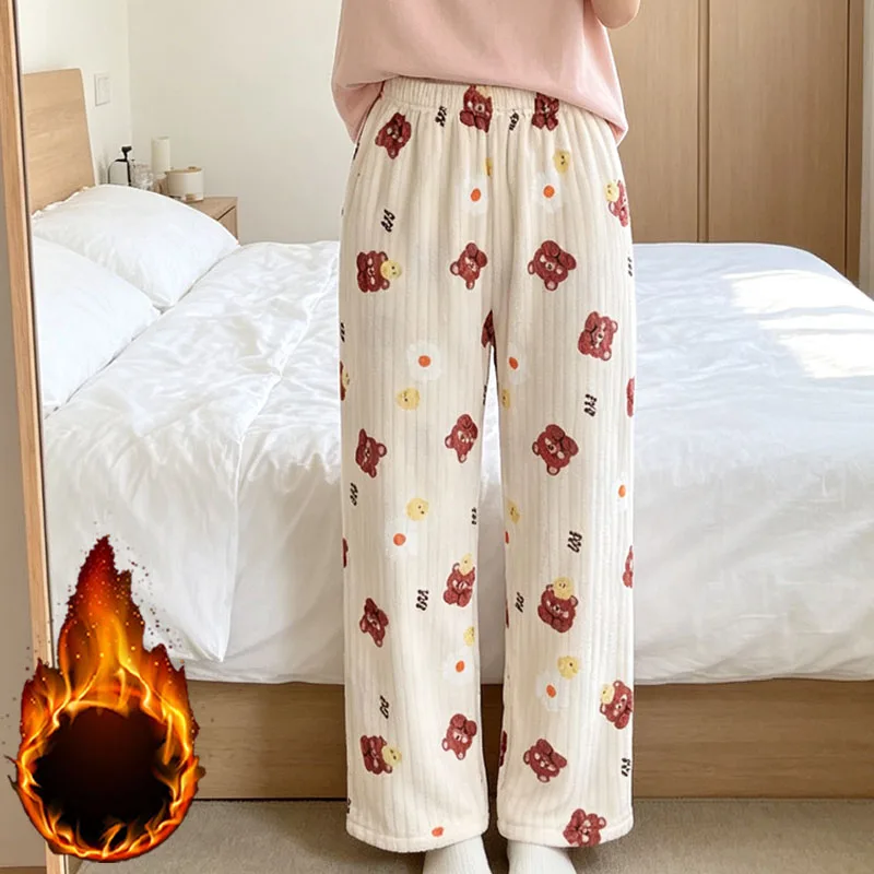 1-4Pairs Ladies Thick Warm Fleece Loose Outer Wear Coral Velvet Thermal Plush Lined Pajama Bottoms Winter Casual Home Sleepwear