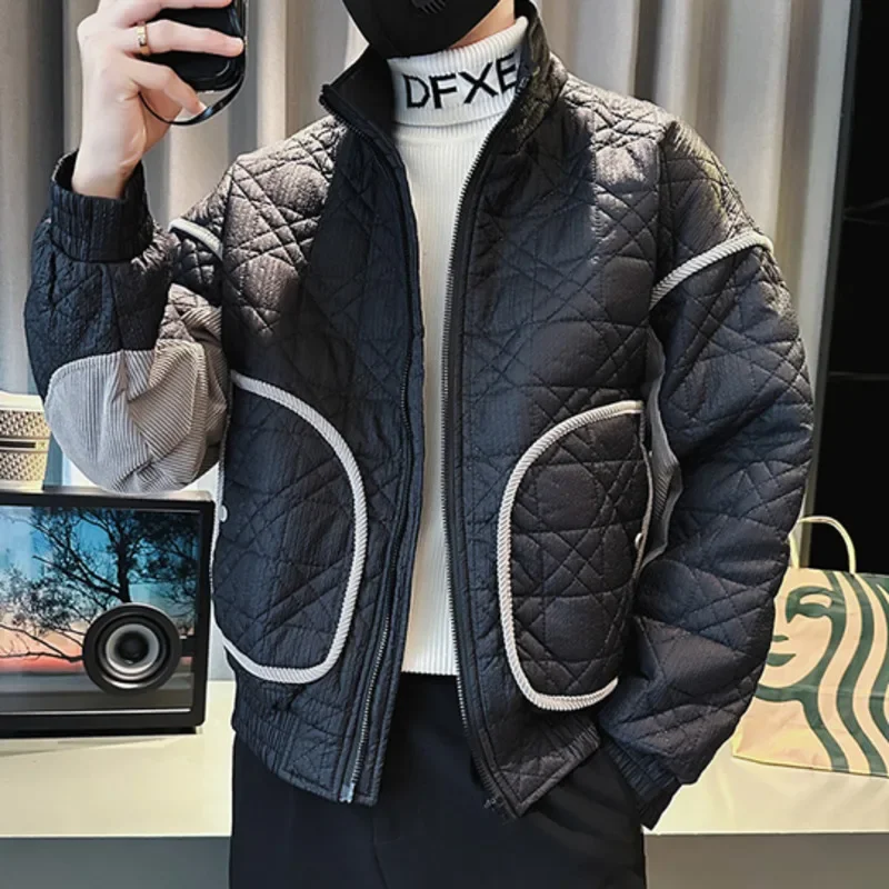 Contrasting Colors Winter Jackets Mens Solid Color Korean Stand Collar Warm Black Jacket Men Kurtka Zimowa Men's Parka Homme