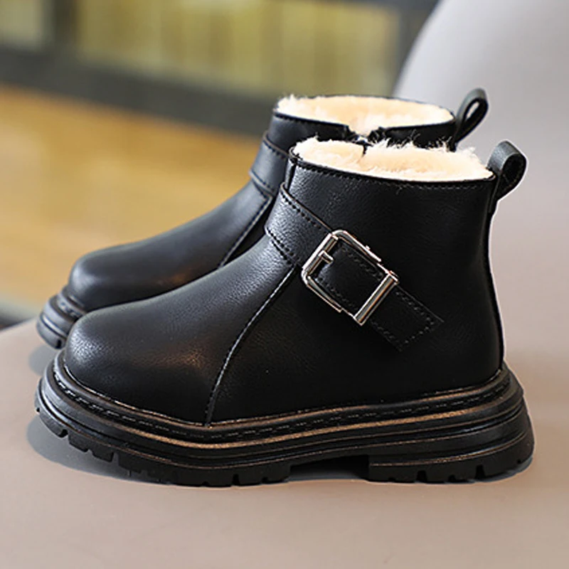 Autumn Winter Kids Leather Boots Warm Plush Girls Toddler Boots Fashion Leather Children Casual Shoes Girls Snow Boots for Kids