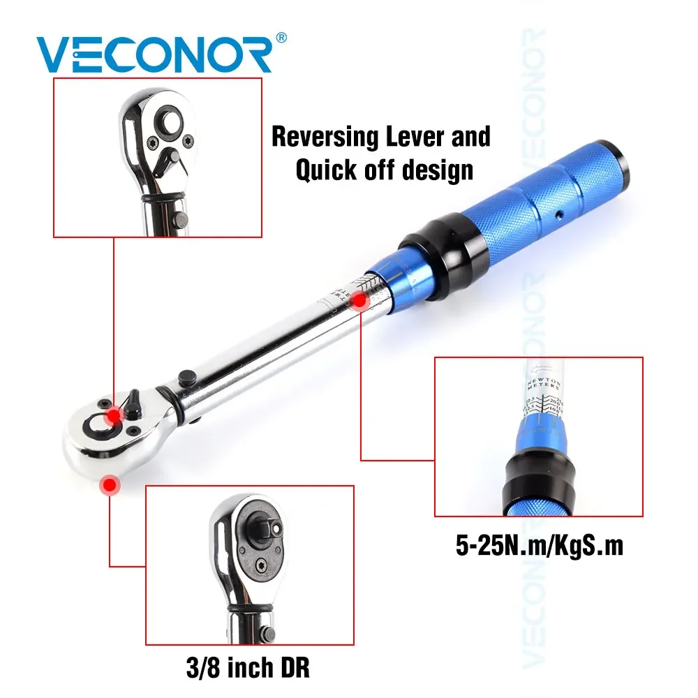 Preset Torque Wrench 3/8 or 1/4 Inch Drive 5-25N.m Mirror Polish Two-Way Head for Car Bicycle Repair