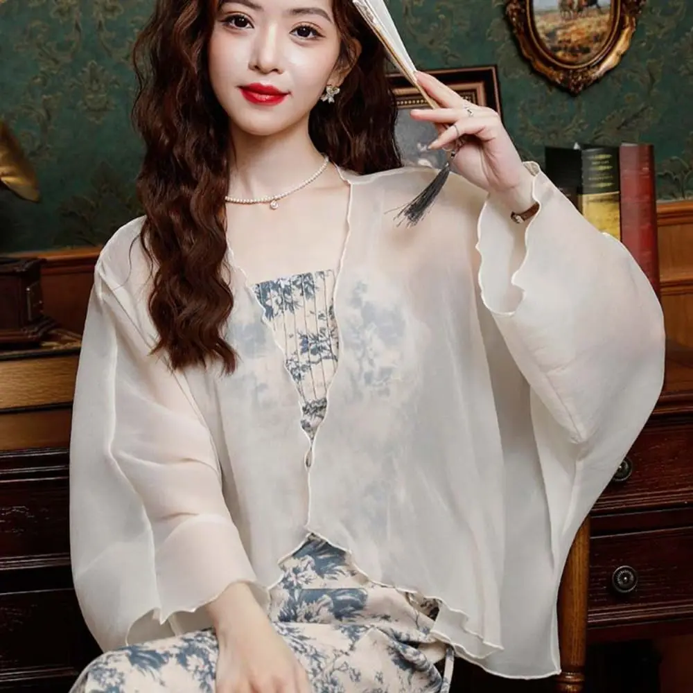 Transparent Chiffon Small Shawl Jacket Long Sleeve Thin Chiffon Cardigan Shirt Ruffle Loose Blouse Sun Protection Cardigan Tops