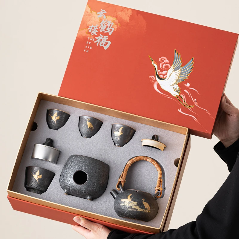 

Chinese Style Forbidden City Crane Blessing Tea Set Ceramic Matte Black Tea Set 8 Pieces Premium Corporate Gift Collection