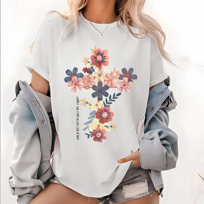 

Devotional T - Shirt with Inspiring Message "Walk by Faith Not by Sight" and Floral - Cross Design