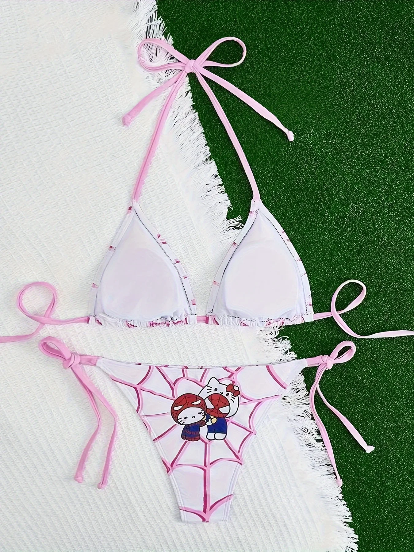 2 uds/un conjunto Sanrio lindo Bikini Gir de dibujos animados pecho pequeño reúne estilo de vacaciones en la playa