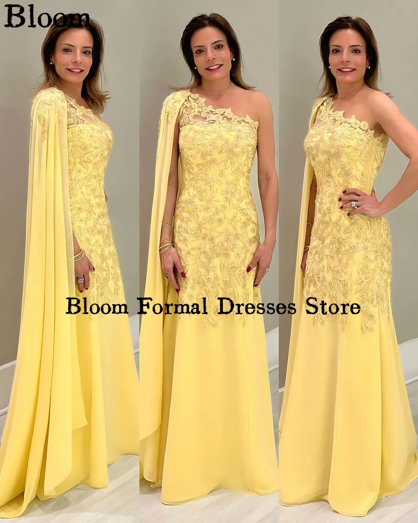 

Yellow One-Shoulder Appliques Prom Dresses Cape Floor-Length Elegant Lady Evening Dresses Wedding Party Dress vestidos de