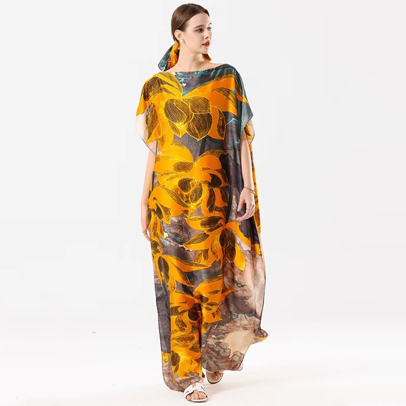 1 piece, colorful floral satin long dress, women's loose long dress, with the same color headscarf, fashionable beach robe view 4