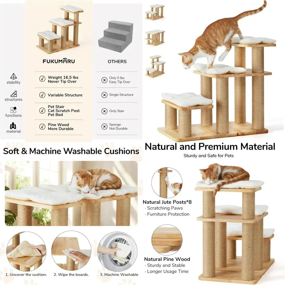 

Деревянная лестница для домашних животных и когтеточка, регулируемая платформа для собак и кошек, выдерживает до 200 фунтов, ступеньки 20 дюймов для удобного подъема.