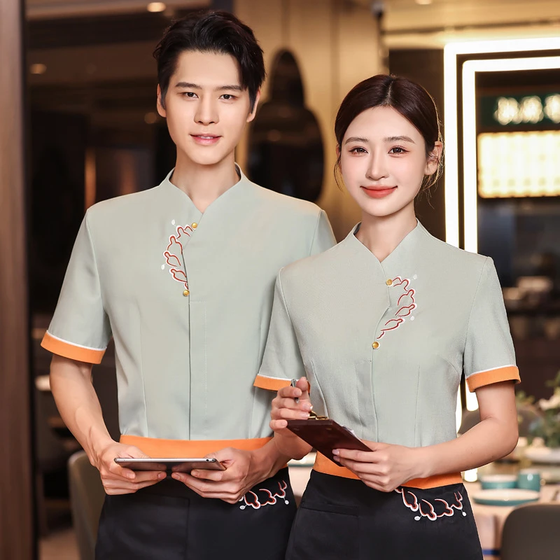 新しい中国風半袖作業服（男女兼用）、ホテル、レストラン、パブ向けの通気性のある夏服