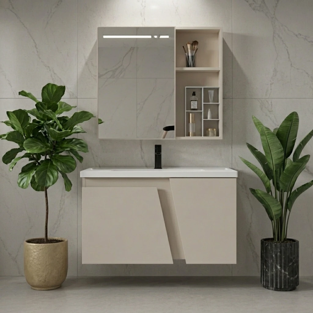 Direct Factory Modern Chinese Ceramic Wash Basin Sink Wall-Mounted Vanity Cabinet Lighted Mirror 80cm Bathroom Vanities