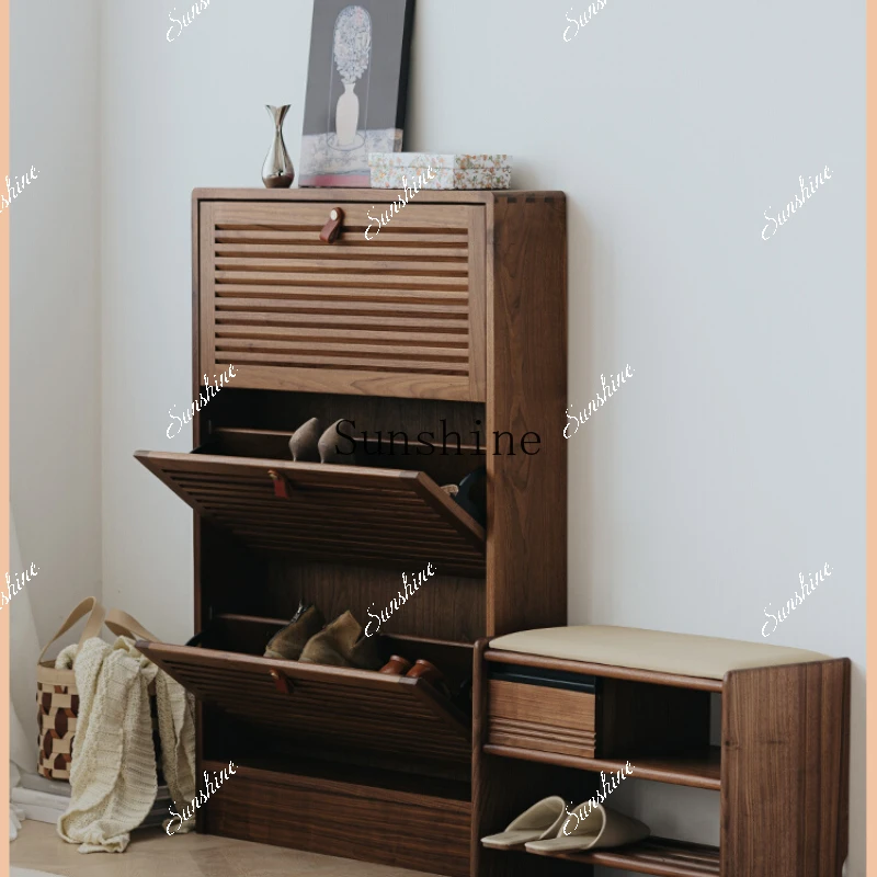 Nordic solid wood retro storage ultra-thin black walnut tipping bucket entrance cabinet  FT