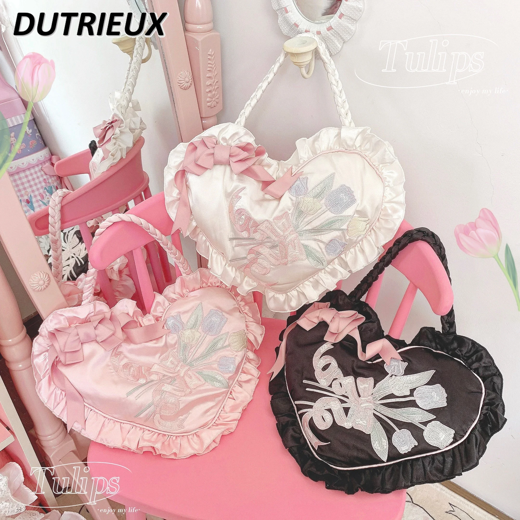 Japanese Lolita Style Bow Heart Bags for Lady Embroidery Bag Sweet Cute Girls' Gifts Fashion Casual Women's Handbags Summer