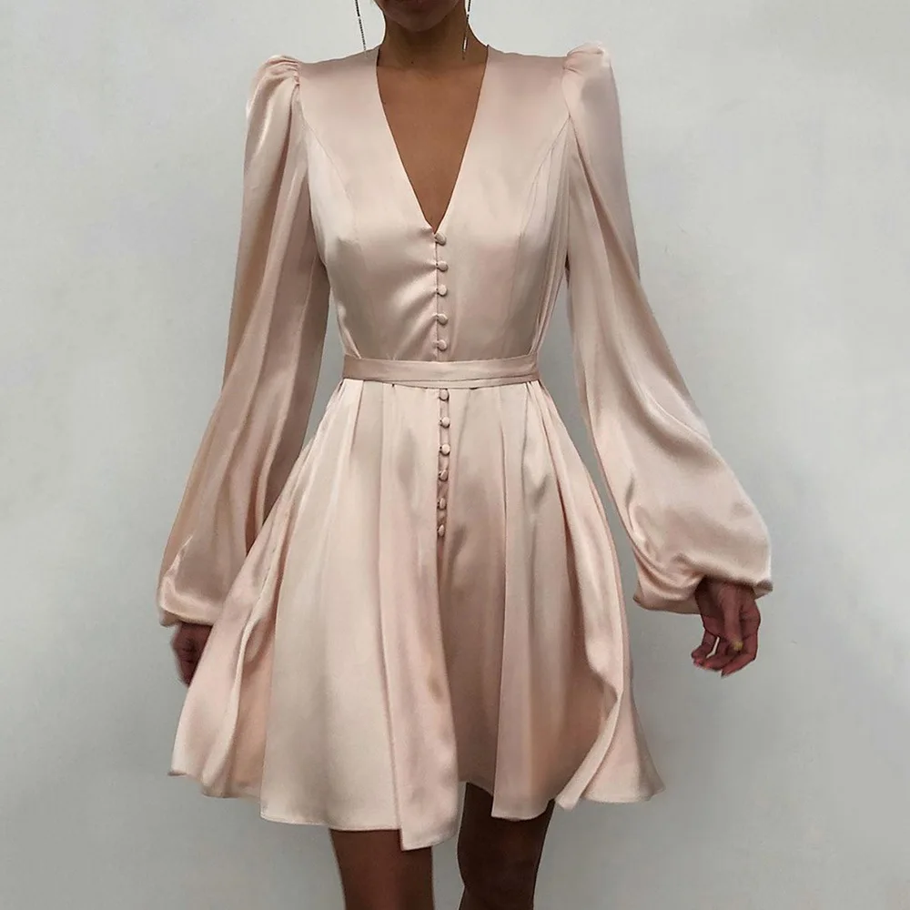 Moda cintura vestido de cetim feminino com decote em v lanterna manga longa francês elegante vestido plissado primavera outono magro casual curto vestidos