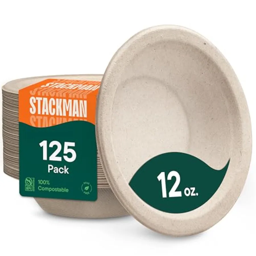 

Paper Bowls, 100% Compostable Disposable Soup Bowl [125-Pack] 12 oz. Heavy Duty, Eco-Friendly, Biodegradable Bagasse Hot Food P