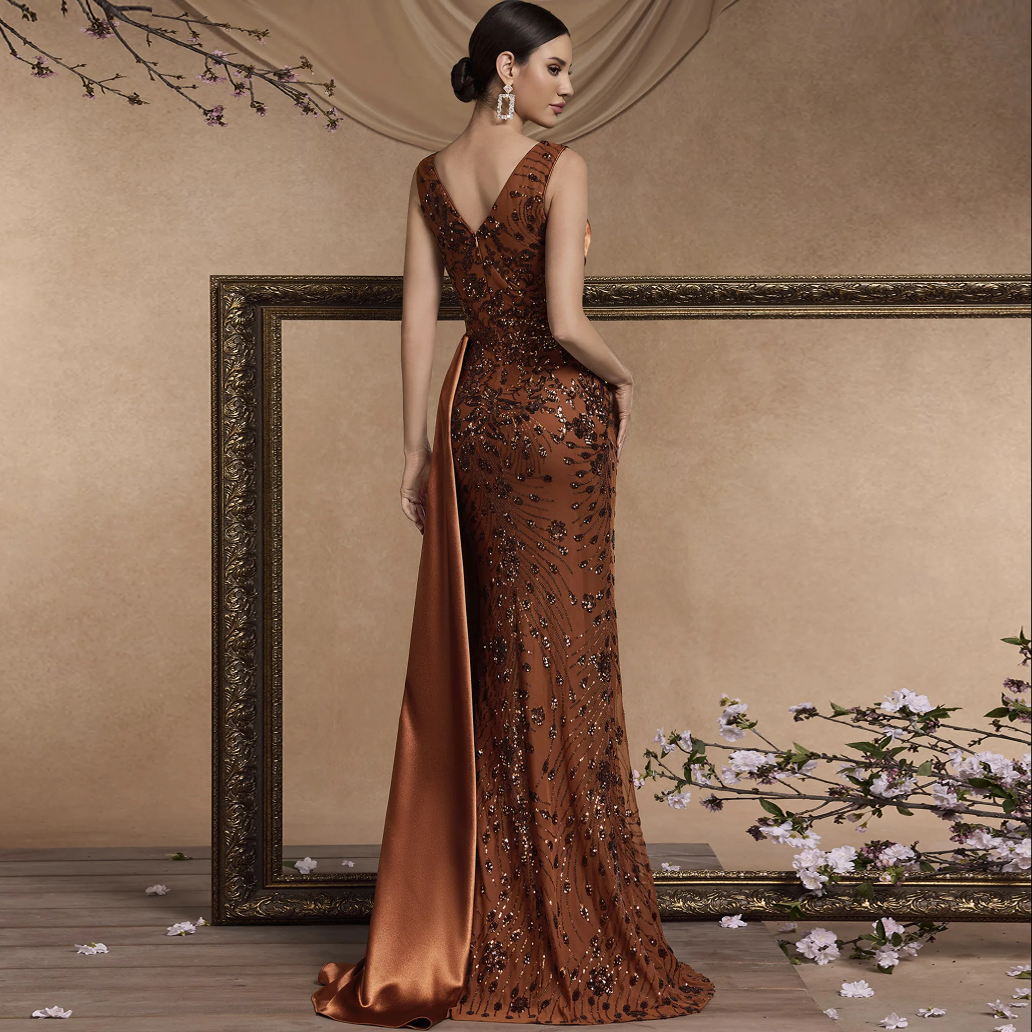 فستان Rosymae سباركلي مزدوج على شكل حرف V للحفلات الراقصة أنيق عالي الجودة مزين بالترتر اللامع لحفلات الزفاف والمناسبات الخاصة