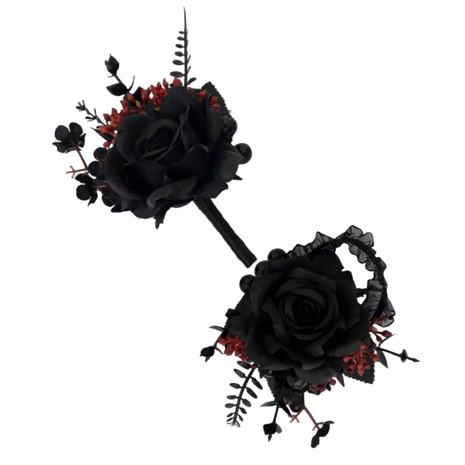 1 Set Black Wrist Corsage Boutonniere Gothic Wristcorsage for Bridal Boutonniere Dark Victorian Corsage for Groom Bride