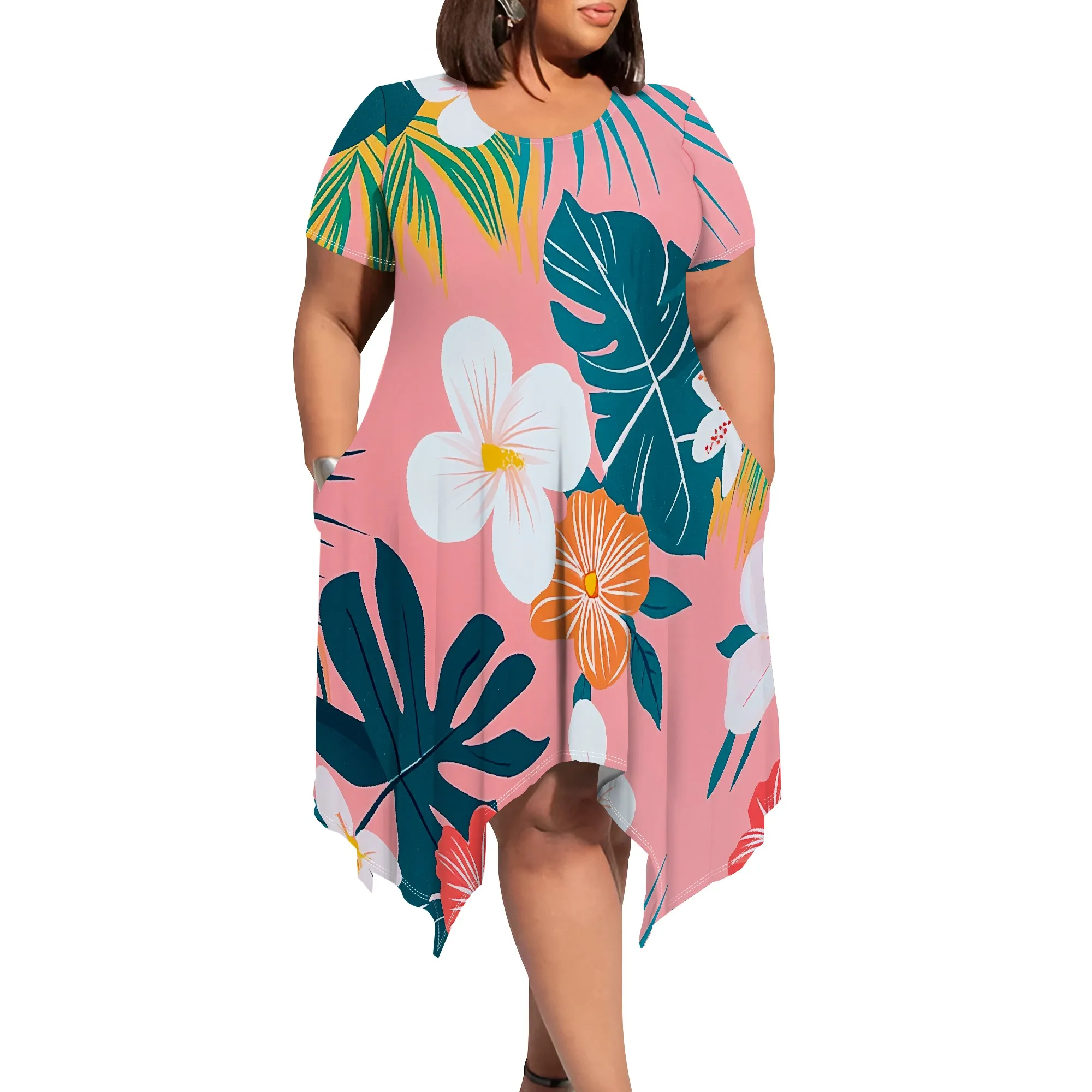 Plus Size Women's Pullover Sexy Short Sleeve Round Neck Fashion Printed Summer Casual Midi Dresses With Pocket