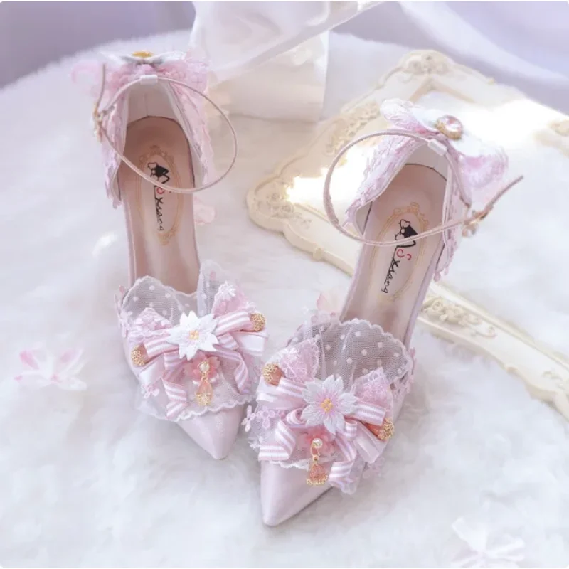 Pink Sakura Lolita High Heels Floral Lace Bow Pointed Toe Shoes 5/8cm Heel Ankle Strap Tea Party Pumps