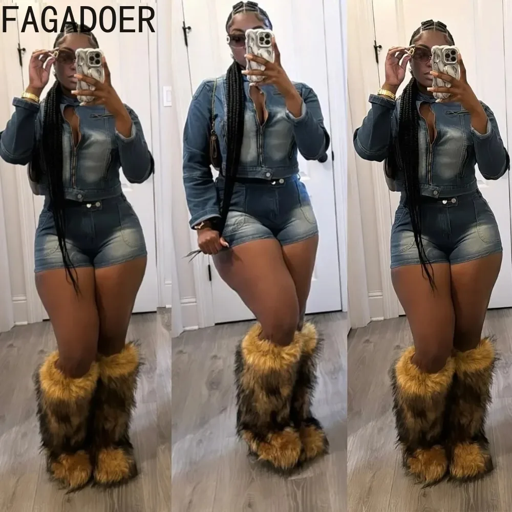 FAGADOER Retro Denim 2-częściowe zestawy damskie Outfit Zip Crop Denim Jacket + szorty Zestawy Rozciągliwe garnitury Odzież damska Streetwear