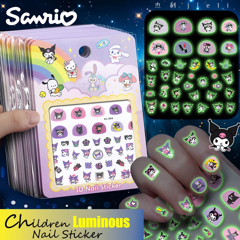 5 ชิ้น/เซ็ตเด็กการ์ตูนส่องสว่างสติกเกอร์เล็บ Hello Kitty Melody Kuromi Glow In The Dark กาว Slider เล็บ Decals