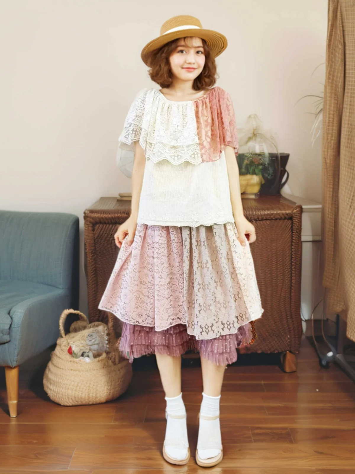 Japanese Sweet Mori Girl Lace Flower Double Layer Skirt Women Harajuku Korean Style Kawaii Vintage Elastic Waist Patchwork Skirt