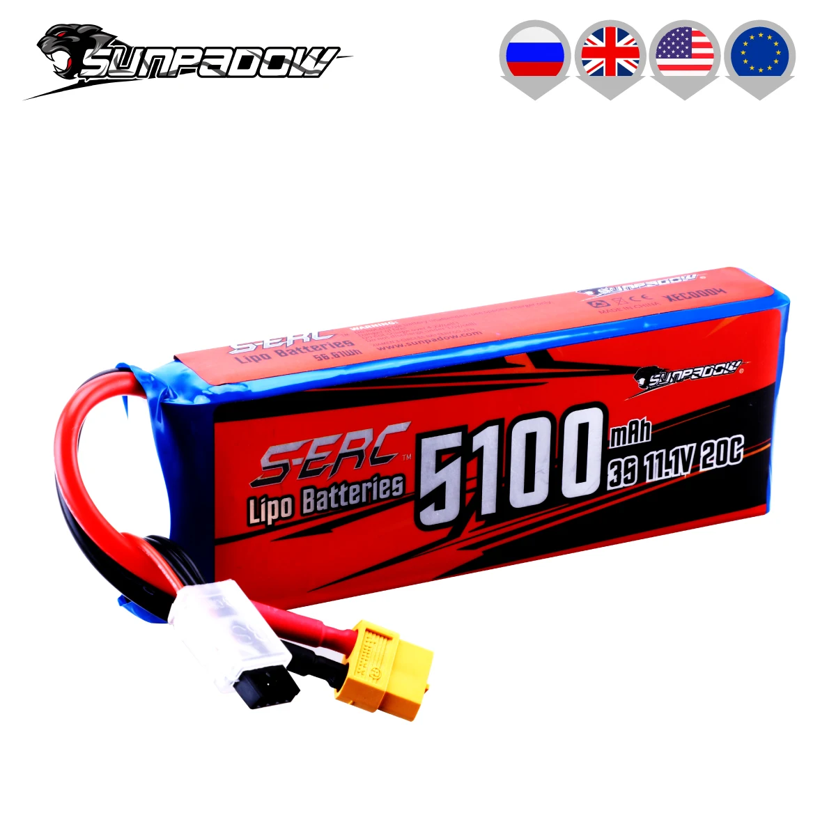 

SUNPADOW 3S 20C Lipo Battery 5100mAh 11.1V with XT60 Plug for RC Airplane Helicopter Drone FPV Quadcopter Model Racing