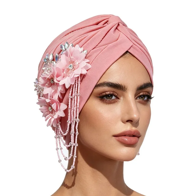 New women's elastic pullover yoga hat side fringe three-dimensional flower watermelon headscarf hat Indian headscarf hat