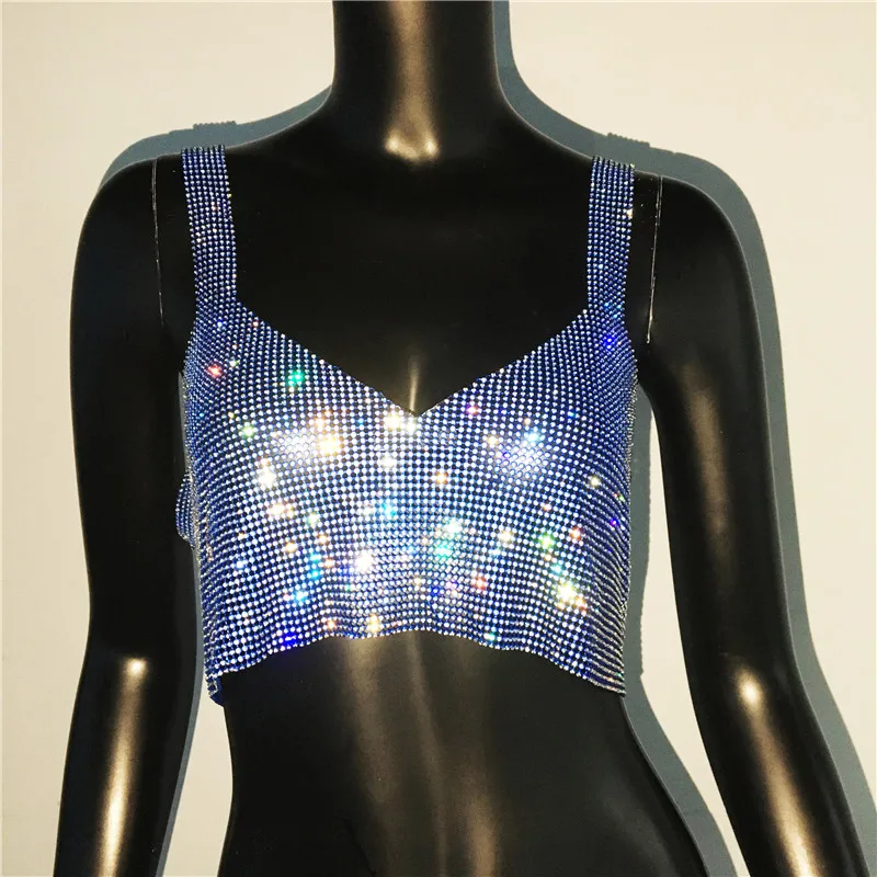 Sparkly Diamond Sexy V Neck Women Crop Tops Backless Spaghetti Strap Festival Party Tank Top Nightclub Rave Rhinestone Camis