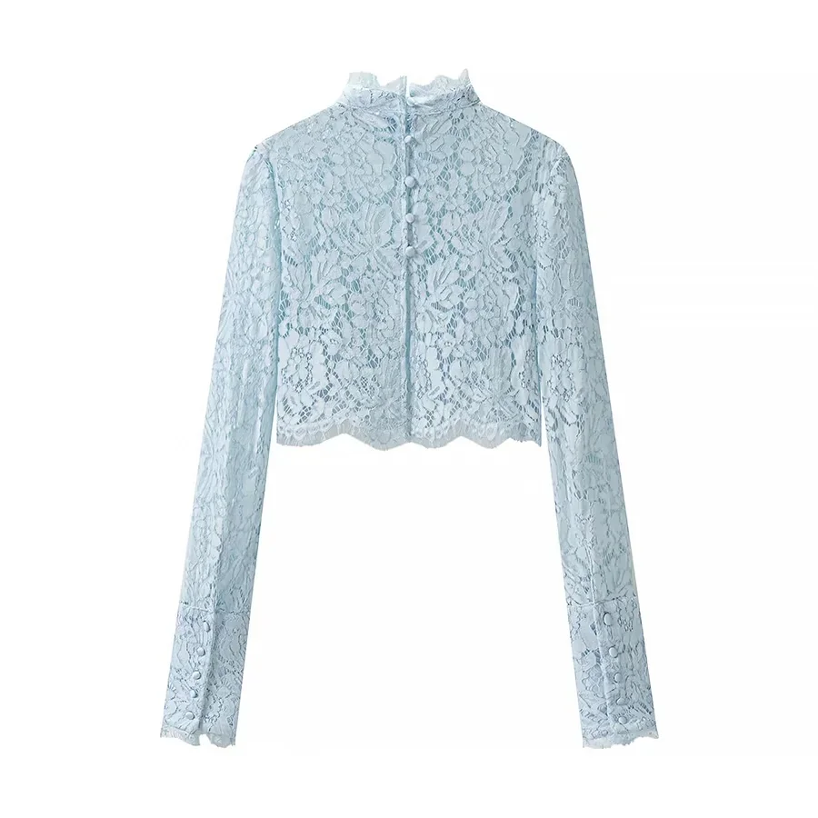 KONDALA Damen Elegantes Schickes Hosenset Blaue Spitze Durchsichtige Kurze Oberteile, Kordelzug Weite Hosen 2026 Sommer Trendiges Urlaubsset – Detail 5