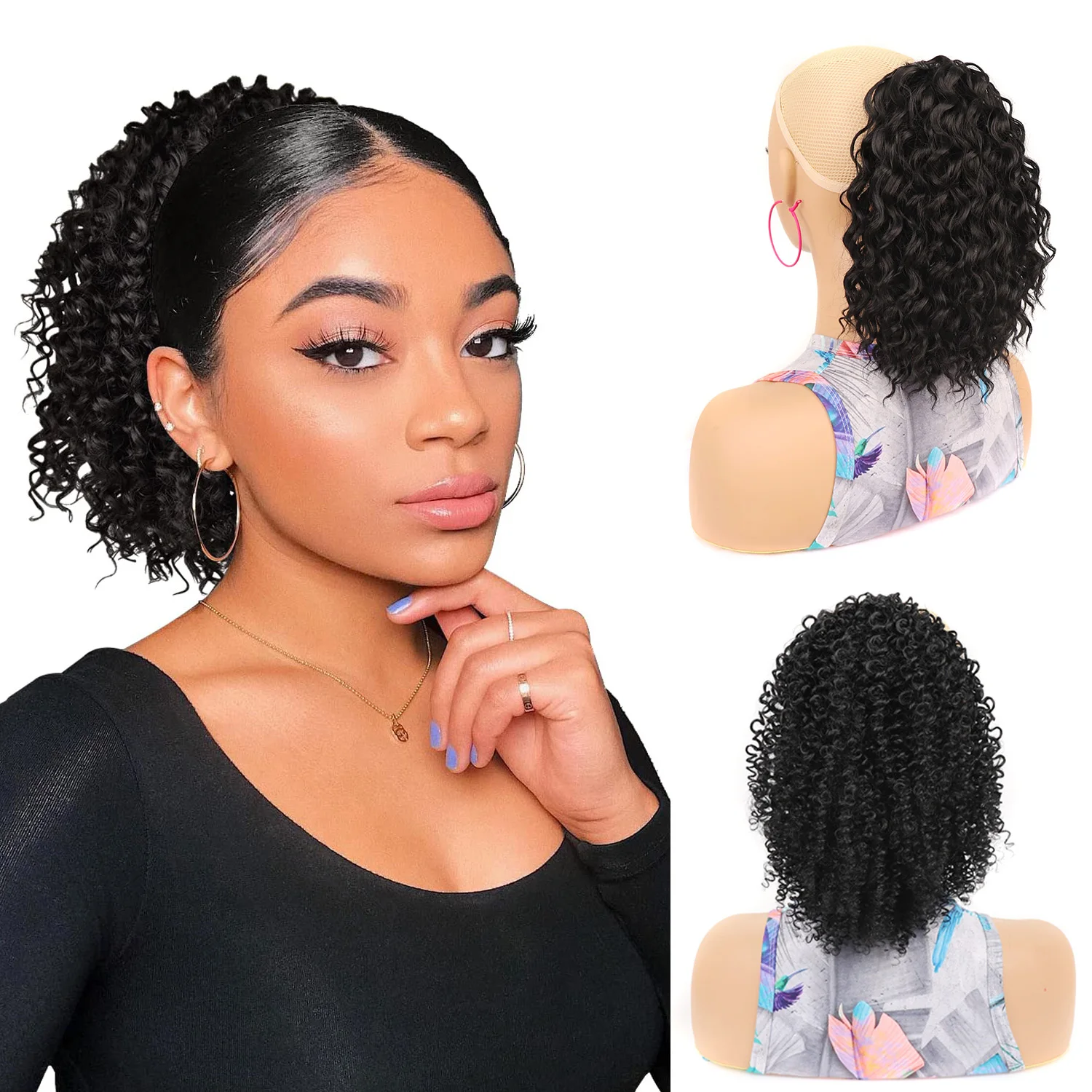 

Drawstring Ponytail Afro Kinky Curly Ponytail for Black Women 10Inch Synthetic Hairpieces Clip in Jerry Curls Ponytail Extension