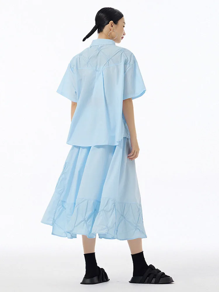 [EAM] Big Size Pleated Shirt Half-body Skirt Two Pieces Suit New Lapel Short Sleeve Women Fashion Spring Summer 2024 1DH6616