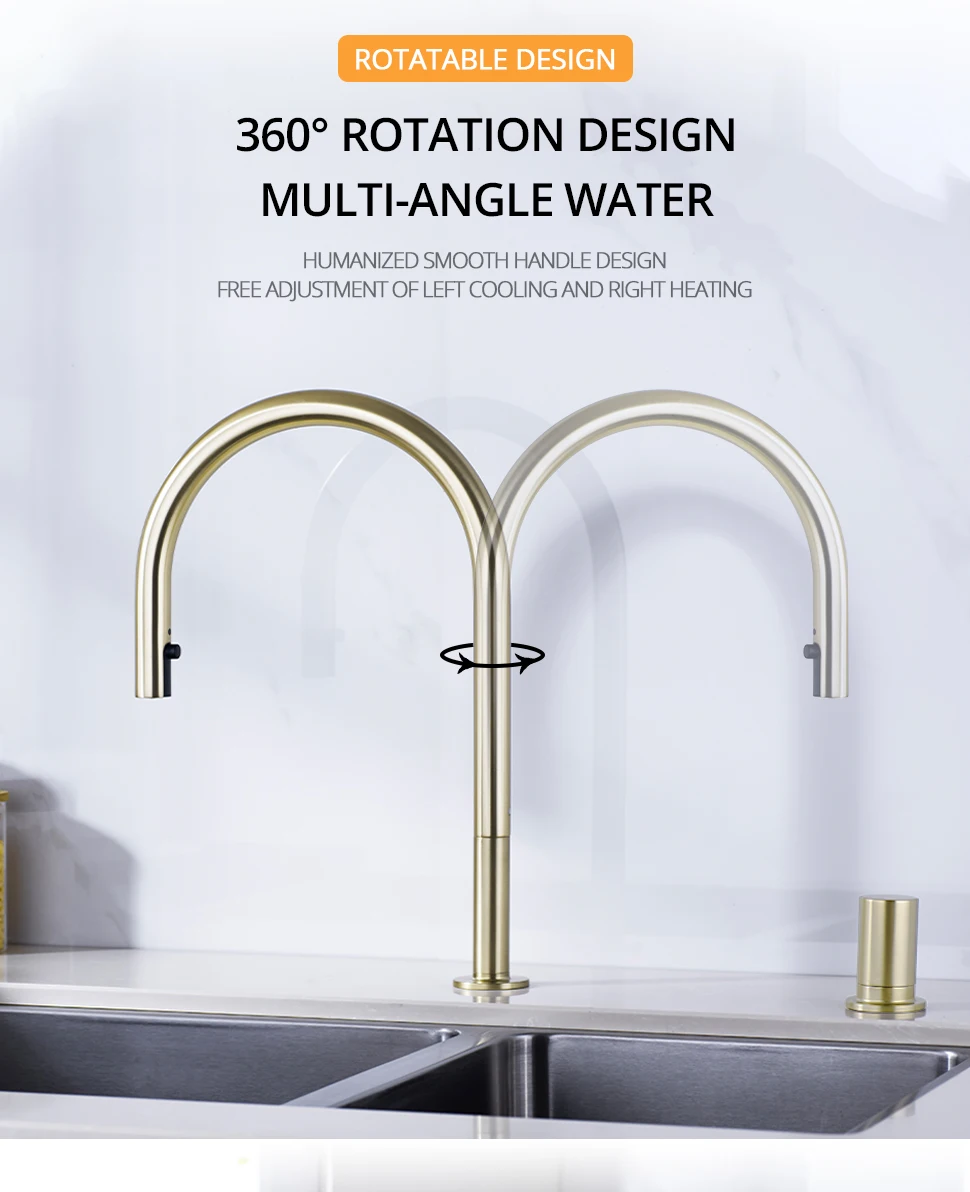 Brushed Gold Kitchen Faucet Invisible Pull Out Spray Mixer Double Hole Single Handle Solid Brass Hot and Cold Separate Sink Tap