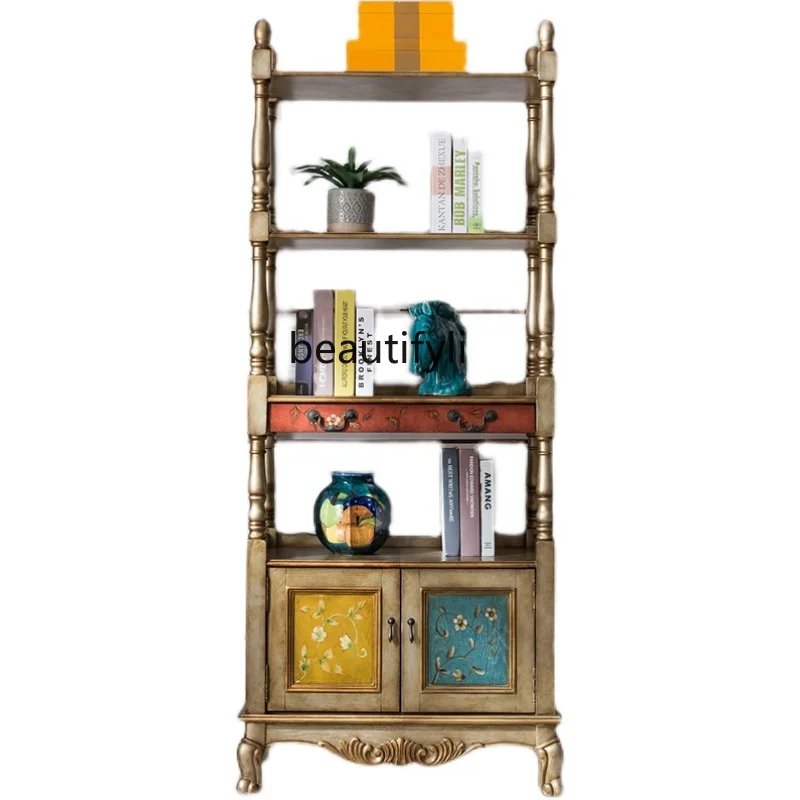 American Retro Antique Shelf Living Room Solid Wood Painted Multi-Layer Shelf Home Doorway Decoration Shelf