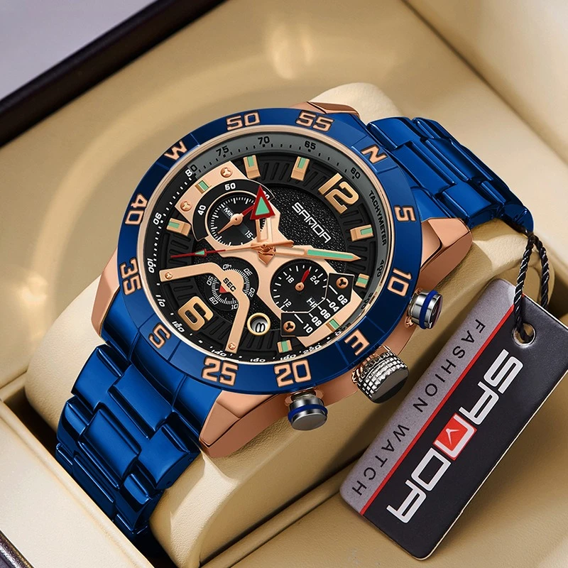 

Бестселлер: кварцевые часы с тремя циферблатами, шестью стрелками, календарем, светящимся циферблатом, водонепроницаемые, модные, с металлическим браслетом, деловые часы для мужчин.