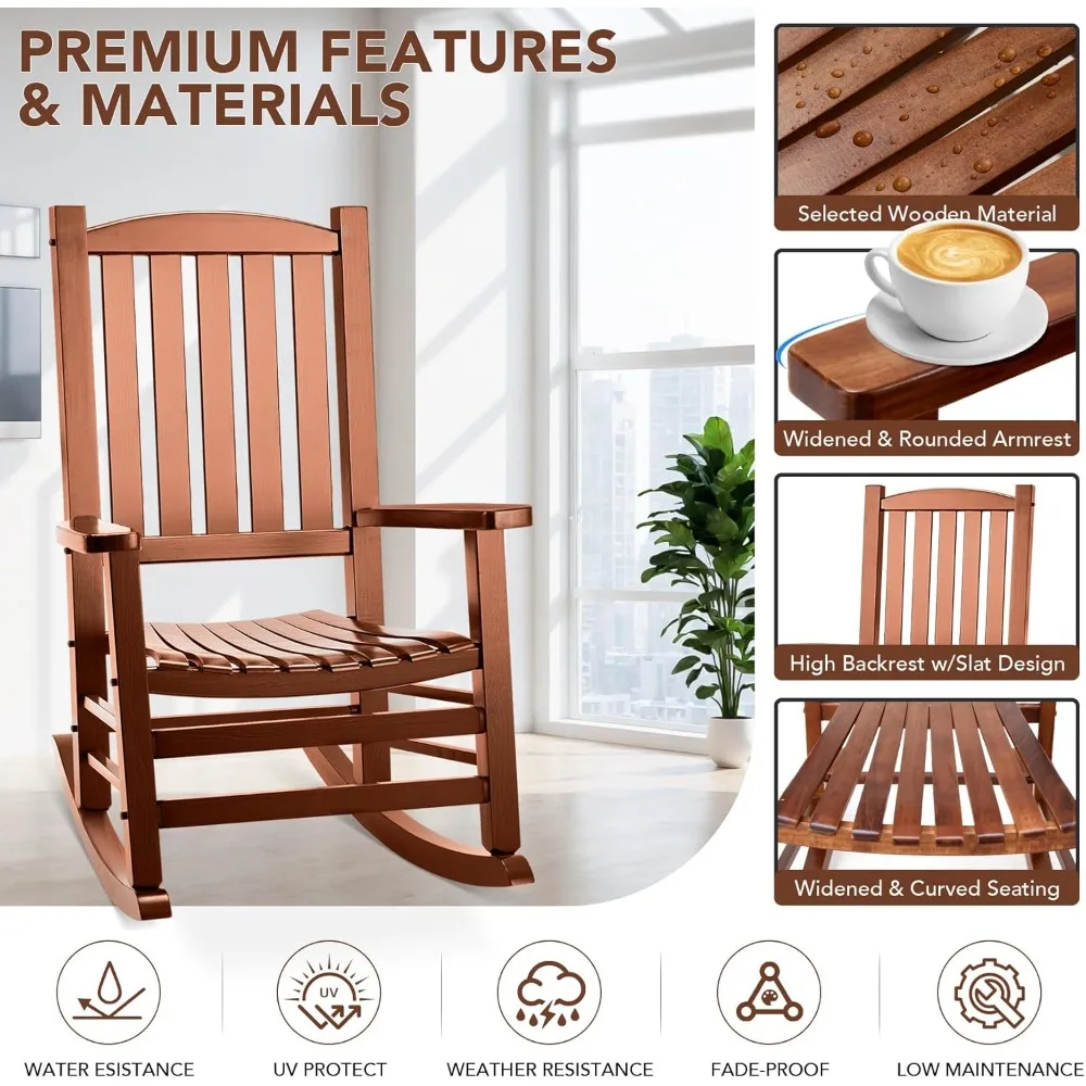 Sedia a dondolo da esterno in legno, sedia a dondolo da patio di grandi dimensioni con supporto da 400 libbre e schienale alto, portico, prato, giardino