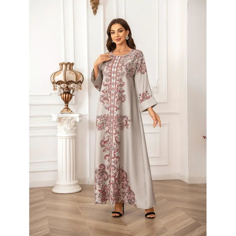 فستان قفطان نسائي مسلم عالي الكثافة مع أحجار الراين الإصلاحية وطباعة الشرق الأوسط عبر الحدود فستان طويل رداء #2