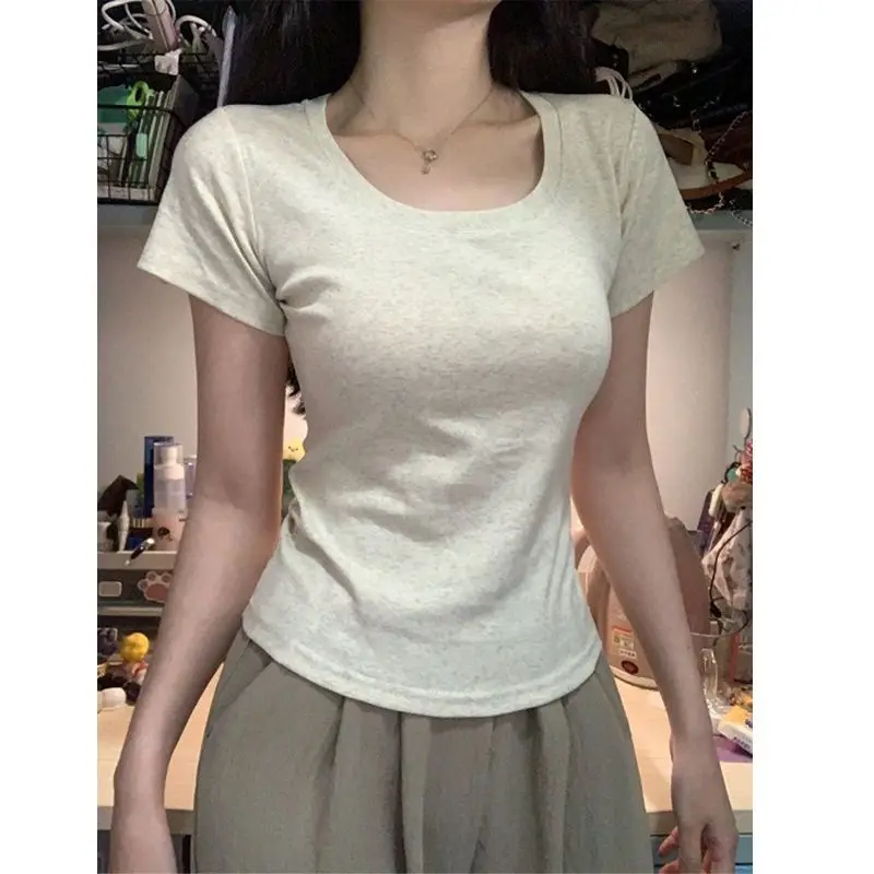 

New Summer Round Neck Pure Cotton Front Shoulder Short-sleeved T-shirt for Women Solid Color Slim Versatile Gray Base Shirt Top