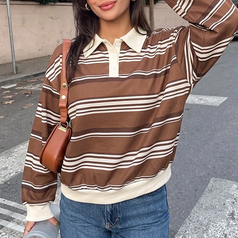 Women's Retro Loose Fit Striped Color Block Polo Neck Sweatshirt Streetwear Women T Shirts And Polos Top Brown And Cream