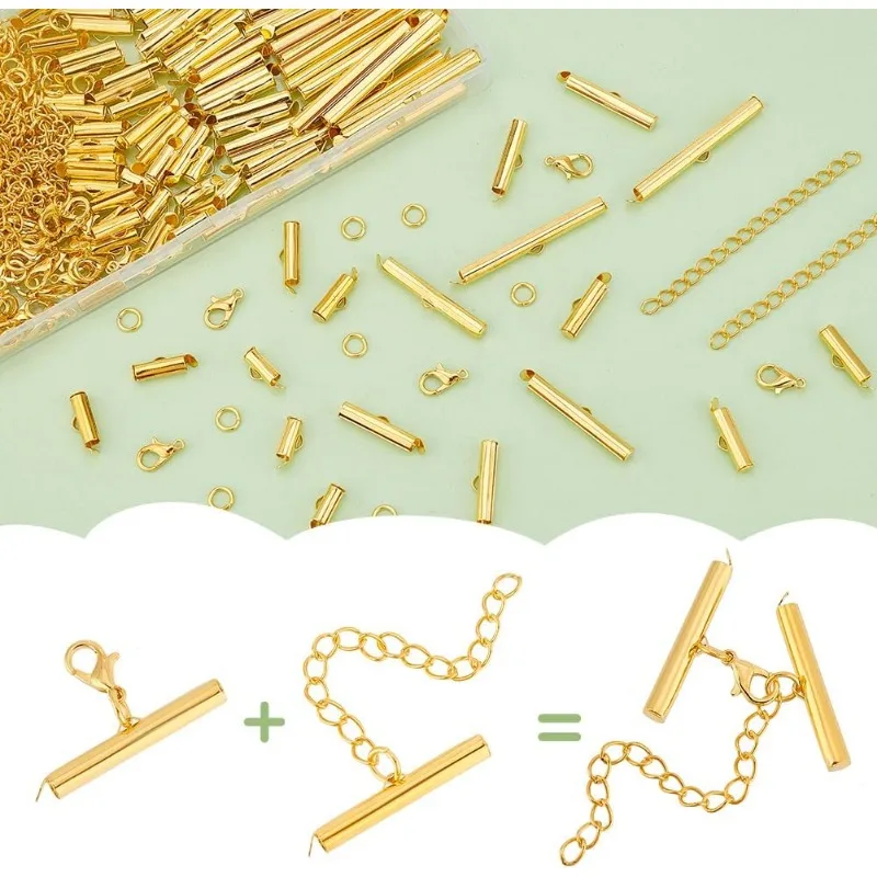 1 scatola 580 pezzi kit chiusura a scorrimento tubo perline dorate estremità del cavo del tubo scorrevole con anelli di salto chiusure ad artiglio