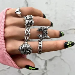 Personality Punk Stainless Steel Men Ring Set Vintage Spider Bat Skull Two-headed Snake Goth Rings Rock Jewelry Y2K Accesorios