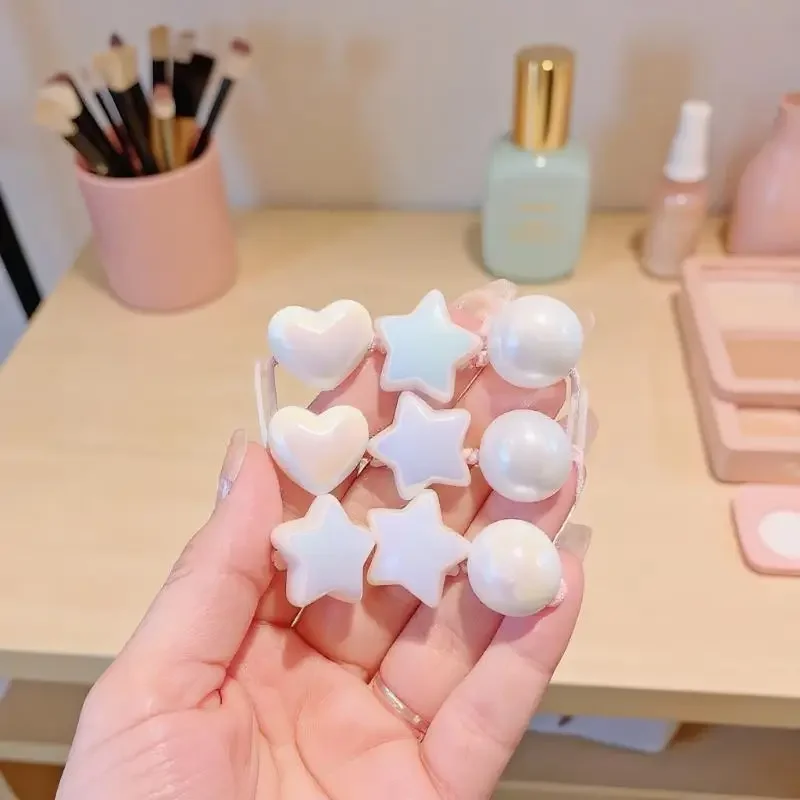 مجموعة من 10 حبال شعر لطيفة على شكل قلب ونجمة ولؤلؤية للأطفال؛ إكسسوارات شعر بأربطة مطاطية مرنة لفتاة الأميرة