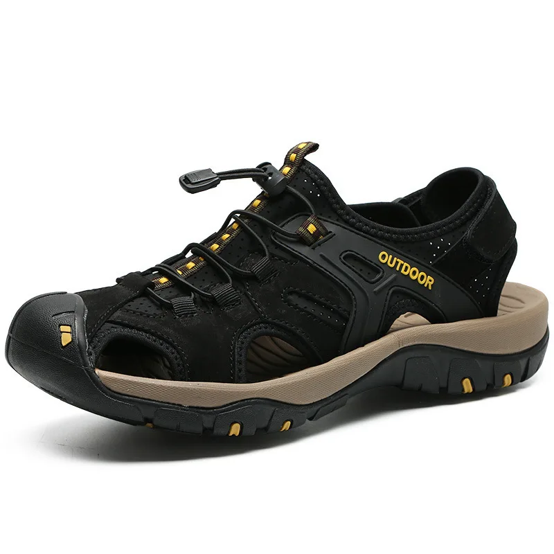 Plus-Size Men's Closed-Toe Casual Beach Summer Sandals, Off-Road Hiking, Genuine Leather Stream-Crossing Sandals
