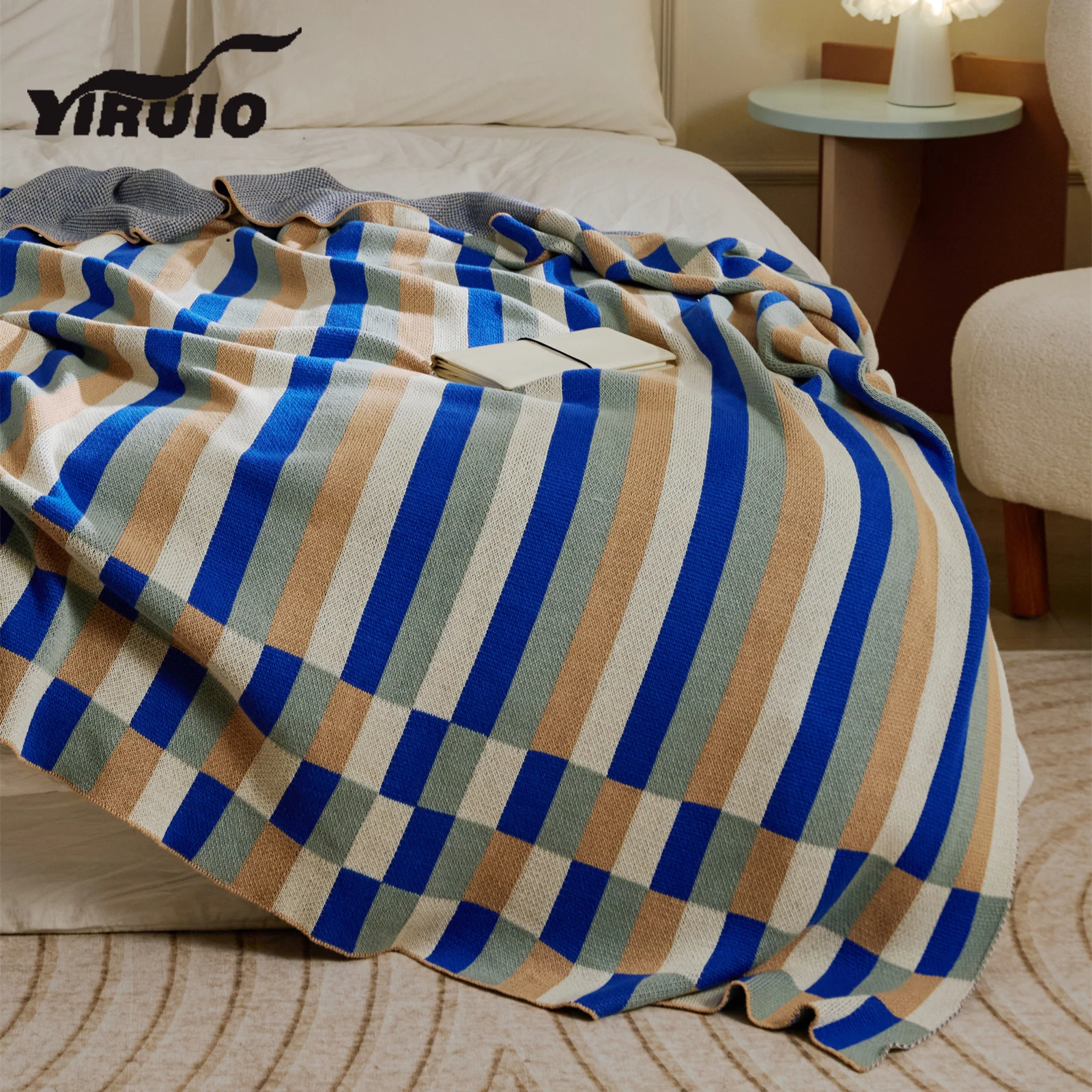 

YIRUIO Colorful Plaid Cotton Knitted Blanket Home Decor Chic Soft Bed Sofa Cover Blanket Fluffy Soft Warm Thick Wearable Blanket