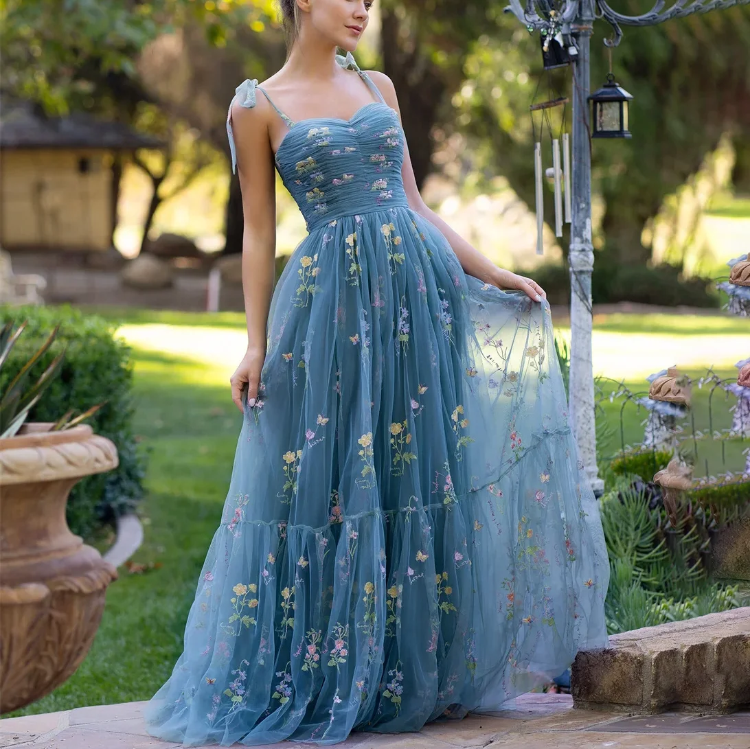 Robes de soirée en tulle pour femmes, appliques de fleurs gracieuses, bretelles spaghetti, A-ligne, longueur au sol, robe de soirée formelle, éducatif