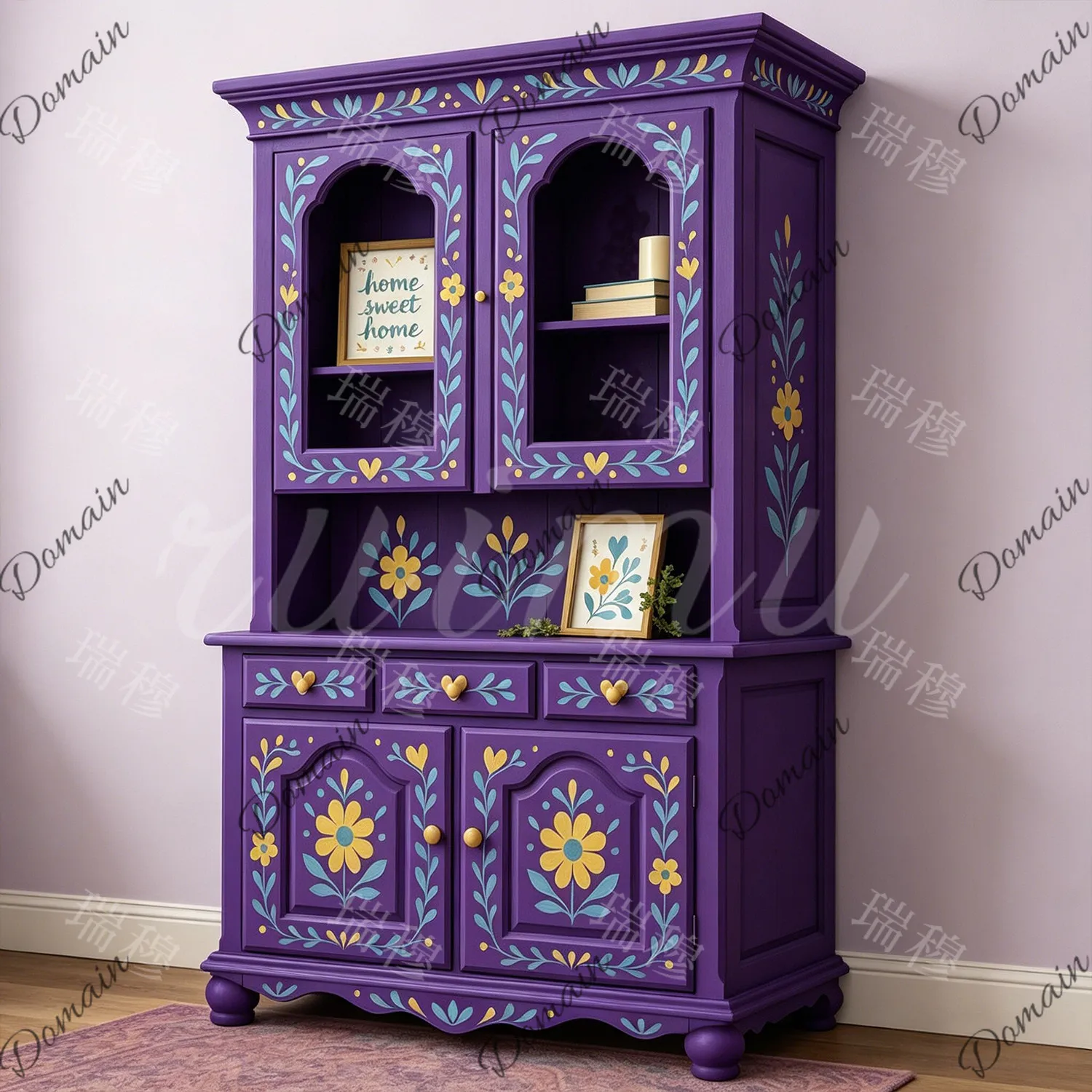 French hand-painted glass cabinet American retro solid wood dining side cabinet small apartment living room against the wall
