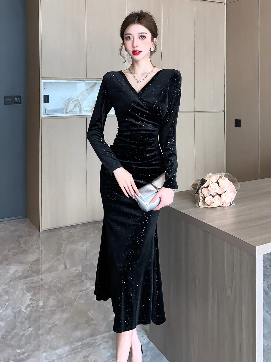 

Элегантное бархатное длинное платье-русалка с V-образным вырезом и длинными рукавами для женщин 8-24 лет, осенний сезон