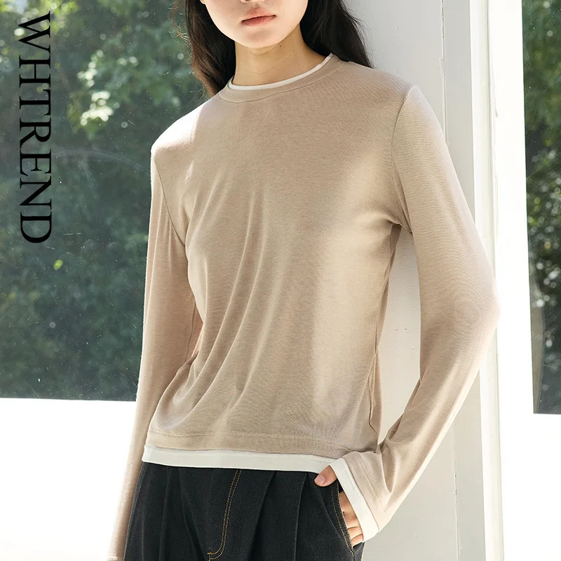 

WHTREND Autumn Winter Base Shirt For Women New Layered Patchwork Round Neck Knitted Top Simple Long Sleeves T-Shirt WH1611