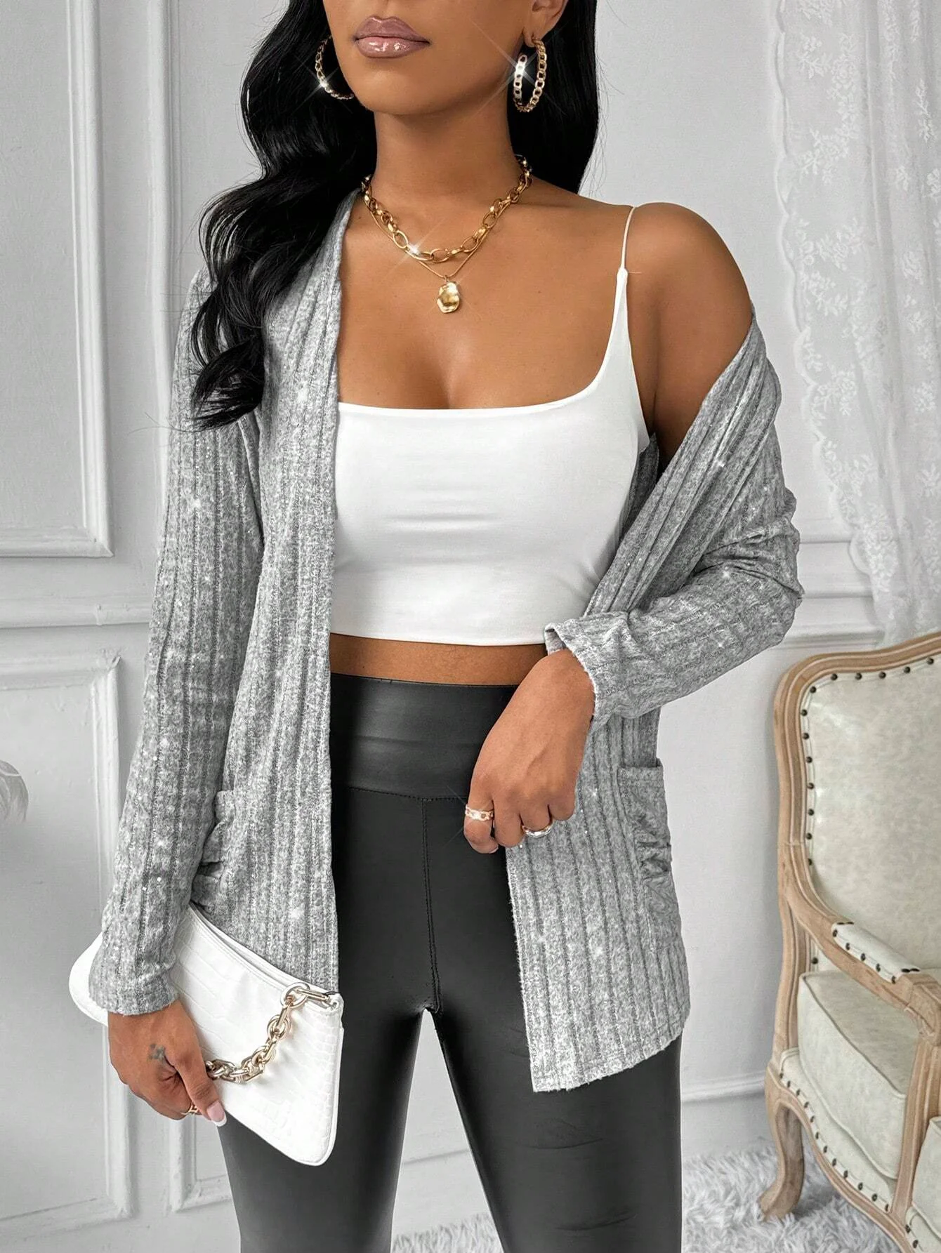 

Women's solid color long-sleeved pocket simple and elegant regular jacket