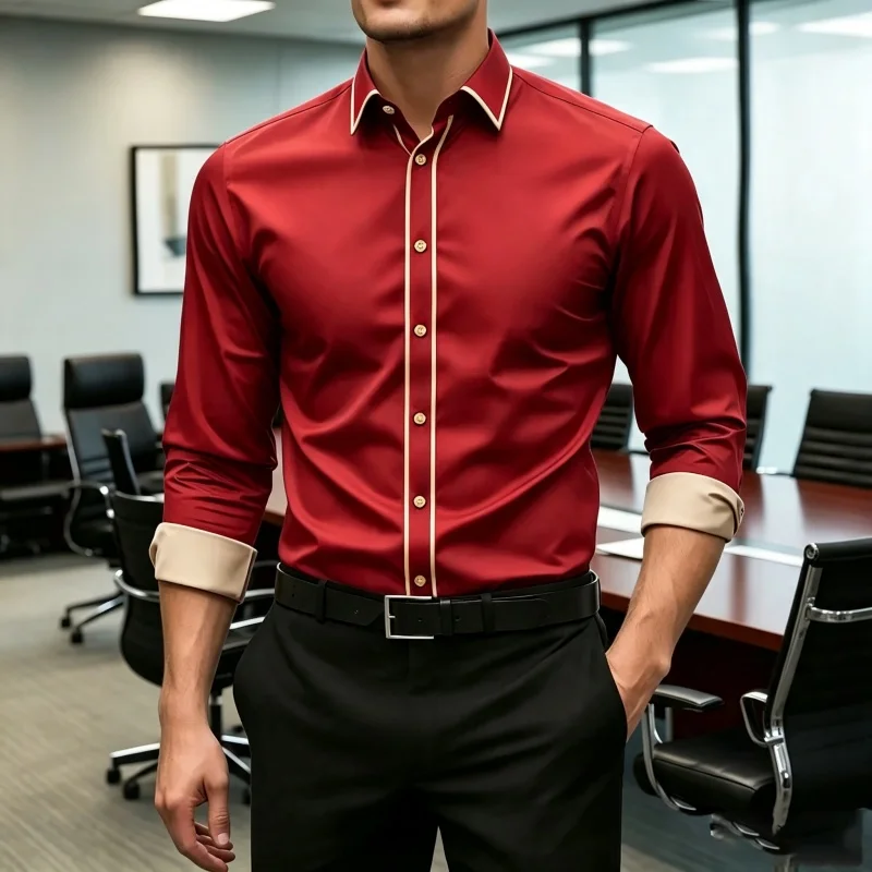 2026 new men's shirt navy blue contrasting long sleeved business shirt with khaki cuffs casual business shirt comfortable fabric