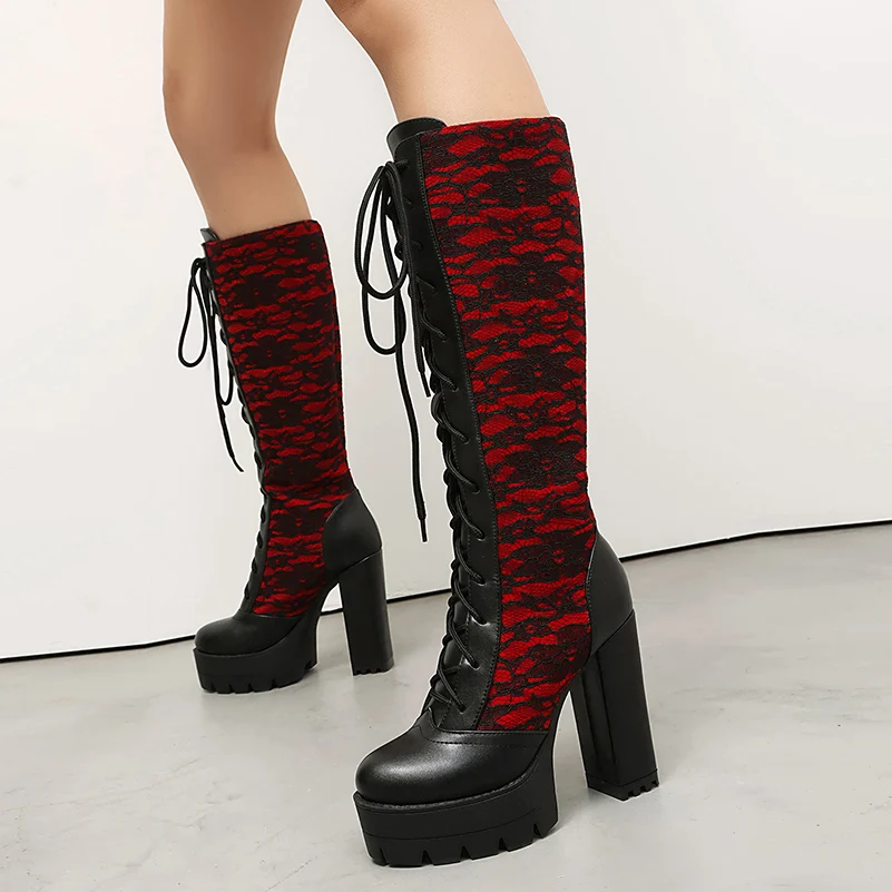 

Plus Size Lace Floral Fabric Splicing PU Cross Tie Knight Boots With Platform Ultra-High Thick Heel Plush Lining Knee High Boots